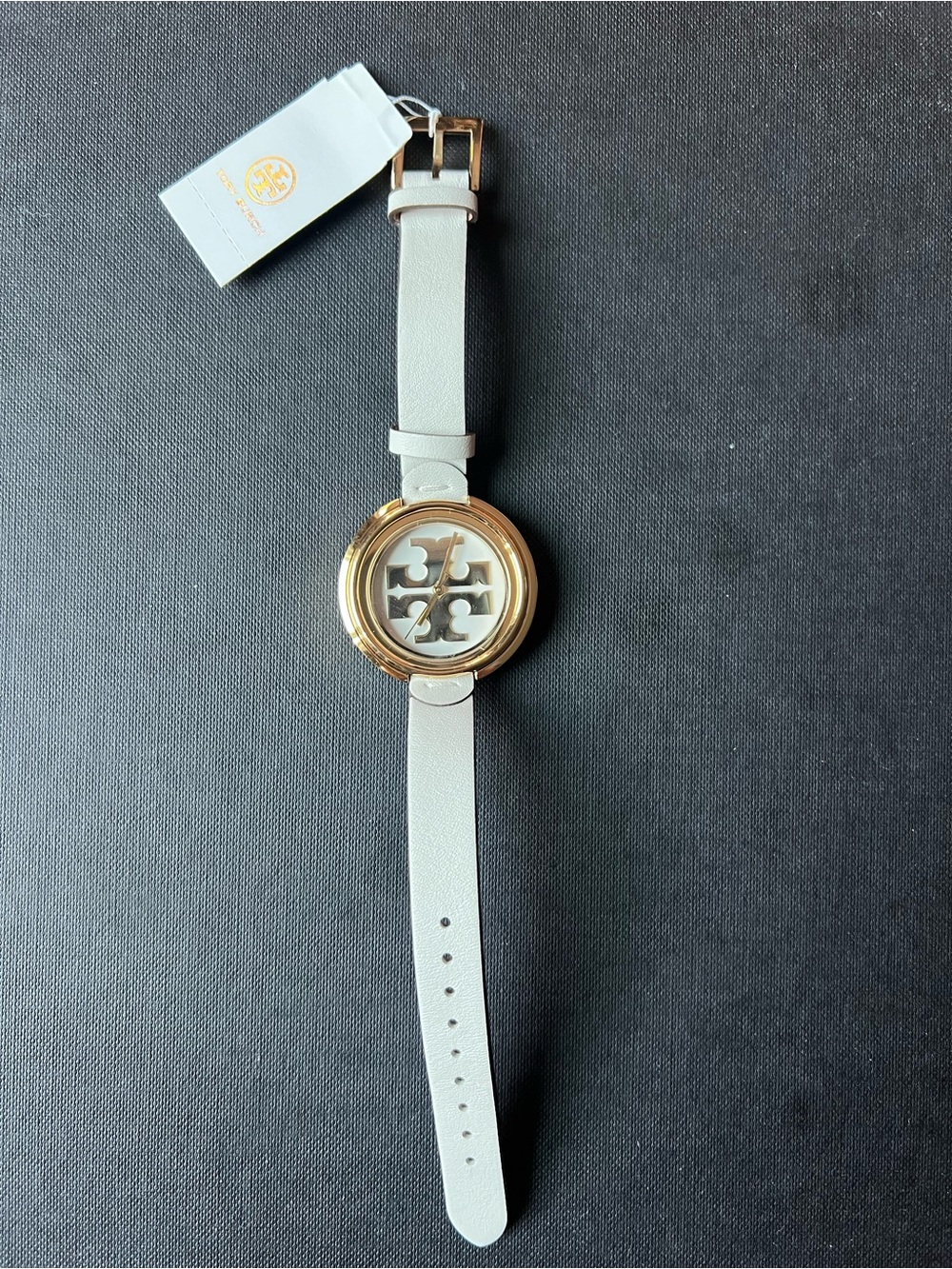 Tory Burch Gold-Tone Logo Dial White Leather Strap Watch